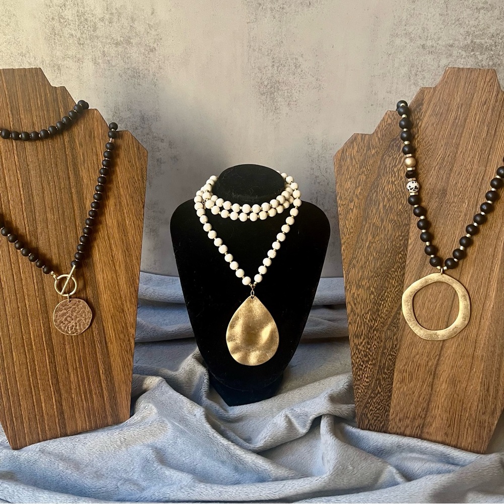 Organic Modern Wood Bead Necklace Bundle | Hammered Gold Statement Pendants